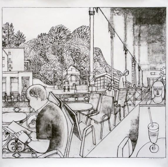 Krynica Deptak III (Kawiarnia), 120x120 cm, grafit, papier, 2018