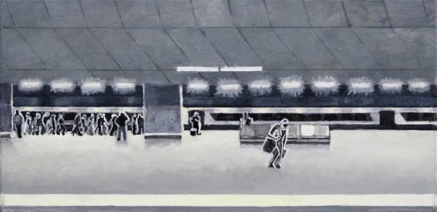 Pociąg przyjechał z cyklu Małe kino, 30x60 cm, olej na płótnie, 2019