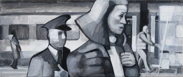 Poranne rozjazdy z cyklu Małe kino, 30x70 cm, olej na płótnie, 2019