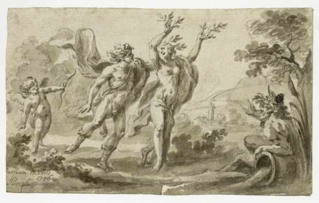 Jan Bogumił Plersch, Dafne uciekająca przed Apollem, sepia i ołówek na papierze, 1796, własność Muzeum Książąt Lubomirskich - Oddział Zakładu Narodowego im. Ossolińskich we Wrocławiu. Zbiór Pawlikowskich