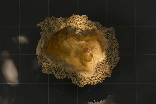 Katarzyna Bogusz, Entasis, wosk pszczeli, muskowit, 44x17x6cm, Kościół Ewangelicko-augsburski w Prószkowie, 2022, fot. autorka