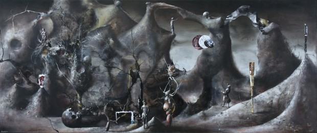 Łukasz Huculak, Wyspa Dnia Poprzedniego, 67x160 cm, olej na płótnie, 2024