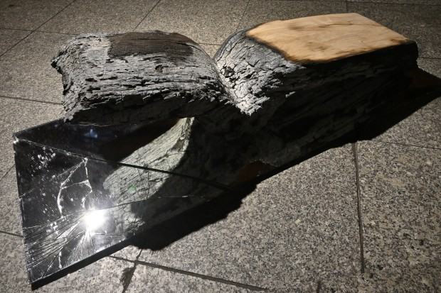 Bogna Kozera-Radomska, Żywy obraz, drewno palone, lustro, 140x58x35 cm, 2021