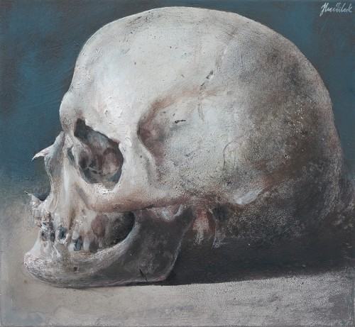 Łukasz Huculak - Czaszka, tempera na desce, 20x24 cm, 2018