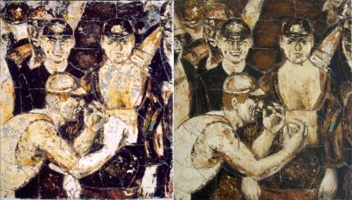 Michał Matuszczyk Obraz ceramiczny prof. Zbigniewa Karpińskiego z 1952r. przed (lewa) i po (prawa) konserwacji.