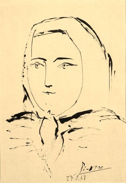 Dziewczyna Polska, Pablo Picasso. Rysunek wykonany podczas obrad Kongresu, 27.08.1948, dzień po wysyłce kartki. Źródło: Muzeum Narodowe w Warszawie.