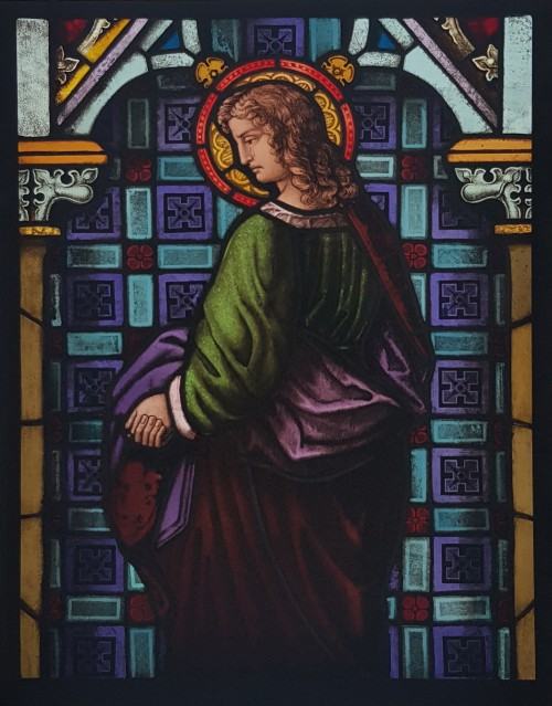 Kwatera a12 po konserwacji i restauracji oprawiona w stalowe ramy, witraż 78x58cm