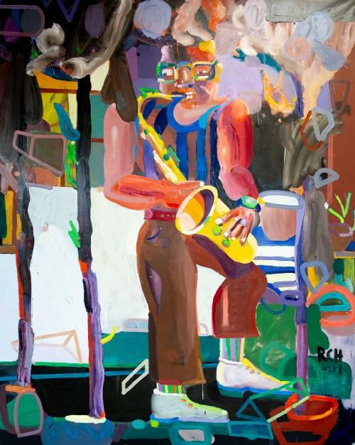 Dom płonie a ja gram na saksofonie, 190 x 150 cm