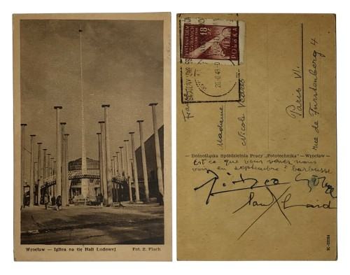 Pocztówka wysłana z Wrocławia przez Pabla Picassa, Paula Eluarda i Belę Czóbel 26 sierpnia 1948 roku, w drugim dniu Kongresu. Źródło: Autor