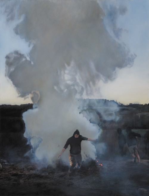 Karol Palczak, Stanął w ogniu nasz wielki dom, dom dla psychicznie i nerwowo chorych, 2019, olej na płótnie, 150 x 110 cm