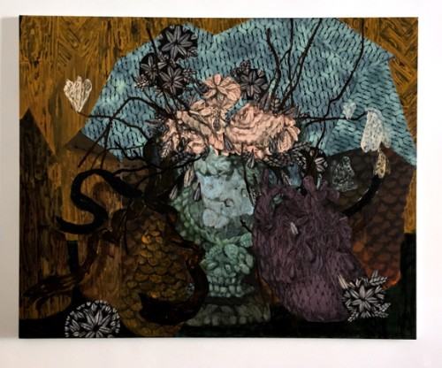 26 Sympozjum ' Dilna' 2019,Fragment ekspozycji praca Denisy Krausovej, Kwiaty w kamiennym wazonie