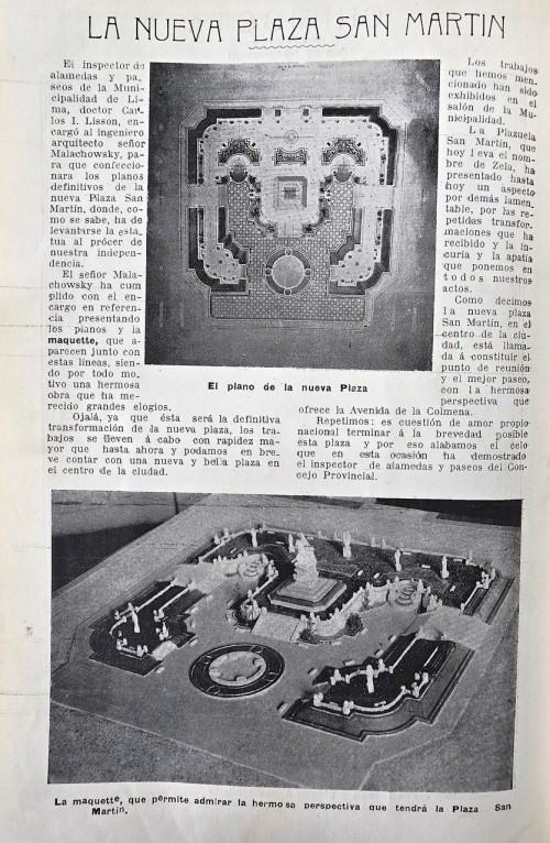 Plan i makieta placu San Martín w Limie, proj. Ryszard Jaxa-Małachowski [za:] Variedades, Nr 539, 29 czerwca 1918, Lima