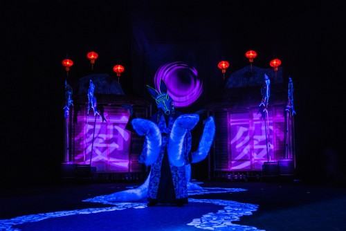 Spektakl „Jak zostać smokiem?” ze scenografią, kostiumami i projekcjami Sebastiana Siepietowskiego, zdj. Piotr Dłubak